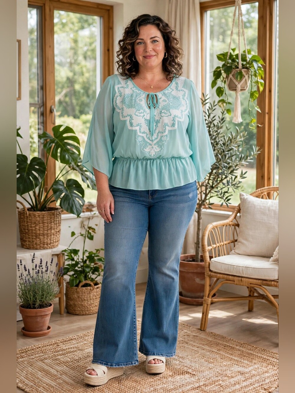 Women’s Light Teal Embroidered Peplum Blouse